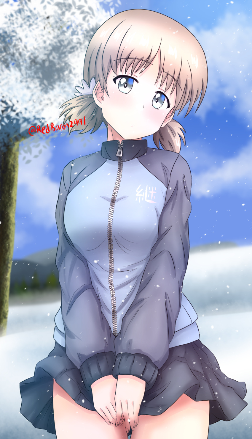 1girl aki_(girls_und_panzer) bangs blue_jacket blue_skirt blue_sky blurry blurry_background blush closed_mouth clouds cloudy_sky commentary cowboy_shot day depth_of_field eyebrows_visible_through_hair girls_und_panzer green_eyes head_tilt highres jacket keizoku_military_uniform light_brown_hair light_frown long_sleeves looking_at_viewer low_twintails military military_uniform miniskirt outdoors pleated_skirt raglan_sleeves redbaron short_hair short_twintails skirt skirt_tug sky snow solo standing track_jacket tree twintails twitter_username uniform