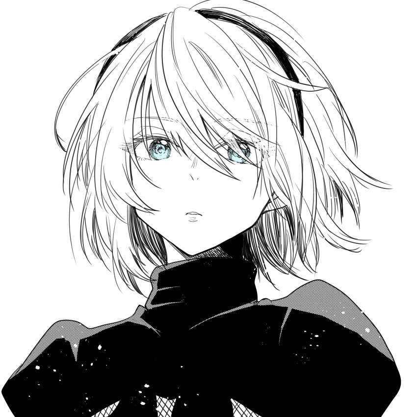 1girl absurdres bangs blue_eyes dress eyebrows_visible_through_hair floating_hair hairband highres juliet_sleeves kudou_makoto long_sleeves looking_at_viewer nier_(series) nier_automata parted_lips portrait puffy_sleeves short_hair solo spot_color white_background yorha_no._2_type_b