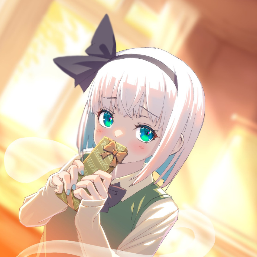 1girl bangs black_bow black_bowtie black_hairband blurry blurry_background blush bow bowtie collared_shirt eyebrows_visible_through_hair ghost gift green_eyes green_vest hairband highres holding holding_gift konpaku_youmu konpaku_youmu_(ghost) light_rays long_sleeves looking_at_viewer outdoors shiroi_karasu shirt short_hair solo touhou upper_body vest white_hair white_shirt