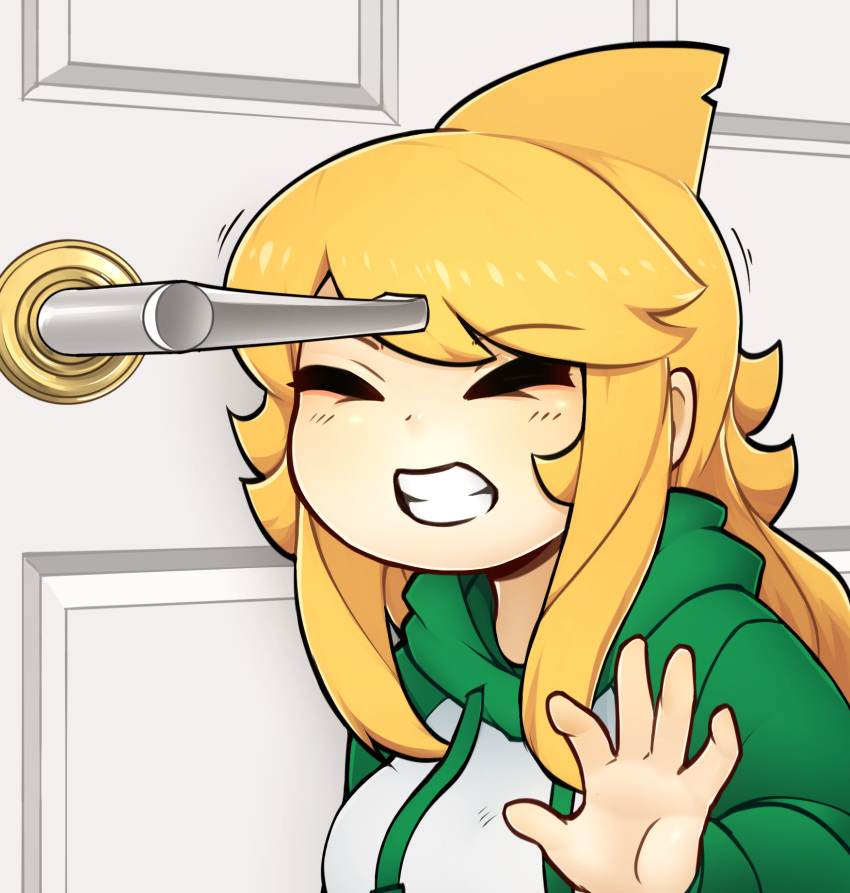 1girl blonde_hair closed_eyes d-floe door door_handle eyebrows_visible_through_hair facing_viewer green_hoodie head_fins highres hood hoodie long_hair long_sleeves meme original parted_lips shark_girl solo teeth upper_body white_hoodie