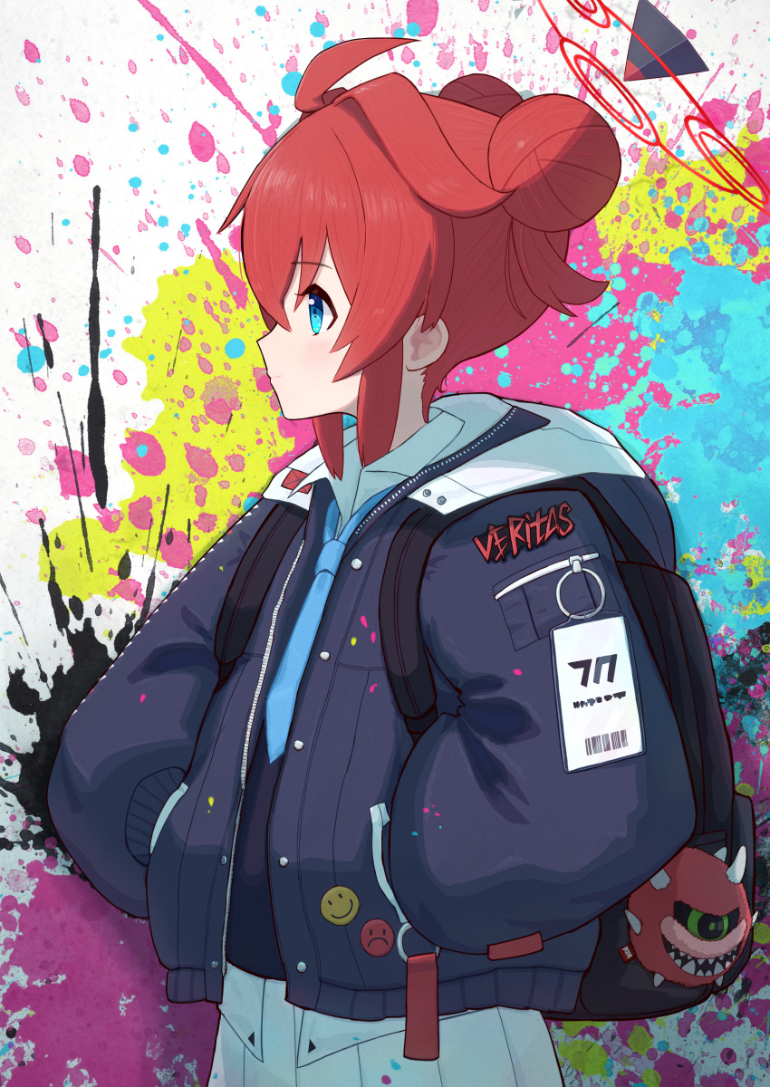 1girl absurdres backpack bag black_bag blue_archive blue_eyes blue_jacket blue_necktie closed_mouth collared_shirt double_bun eyebrows_visible_through_hair from_side hands_in_pockets highres hood hood_down hooded_jacket id_card jacket light_blush long_sleeves looking_ahead maki_(blue_archive) makolas97 multicolored_background necktie open_clothes open_collar open_jacket paint_splatter puffy_sleeves redhead shirt skirt solo white_skirt
