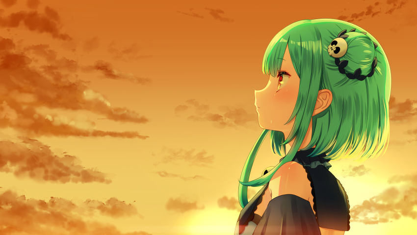 1girl bangs bare_shoulders blue_dress clouds commentary_request dress evening eyebrows_visible_through_hair from_side green_hair hair_bun hair_ornament highres hololive red_eyes skull_hair_ornament sky smile solo sunset uruha_rushia virtual_youtuber yasuyuki