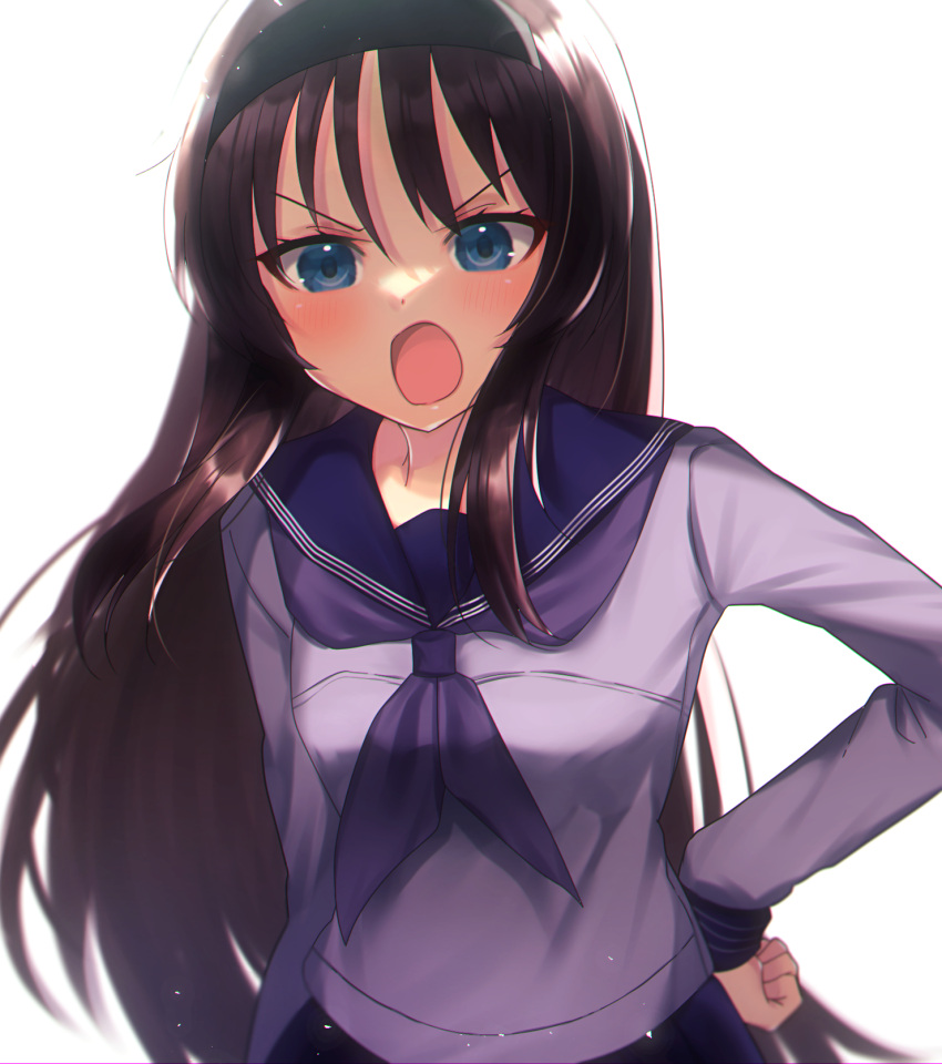 1girl angry black_hair black_hairband blouse blue_blouse blue_eyes blue_neckerchief blue_sailor_collar blush commentary eyebrows_visible_through_hair hairband hand_on_hip highres itsuka_neru long_hair long_sleeves looking_at_viewer neckerchief open_mouth sailor_collar school_uniform serafuku simple_background solo tohno_akiha tsukihime tsukihime_(remake) upper_body white_background