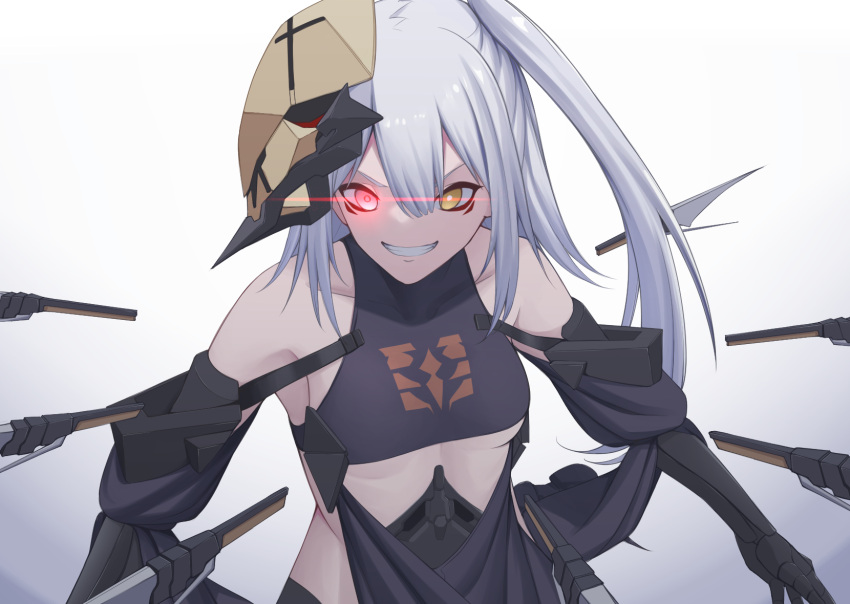 1girl act_(xadachit) girls_frontline glowing glowing_eye heterochromia highres long_hair mask narciss_(girls'_frontline) nyto_(girls'_frontline) paradeus red_eyes smile solo tagme white_legwear yellow_eyes