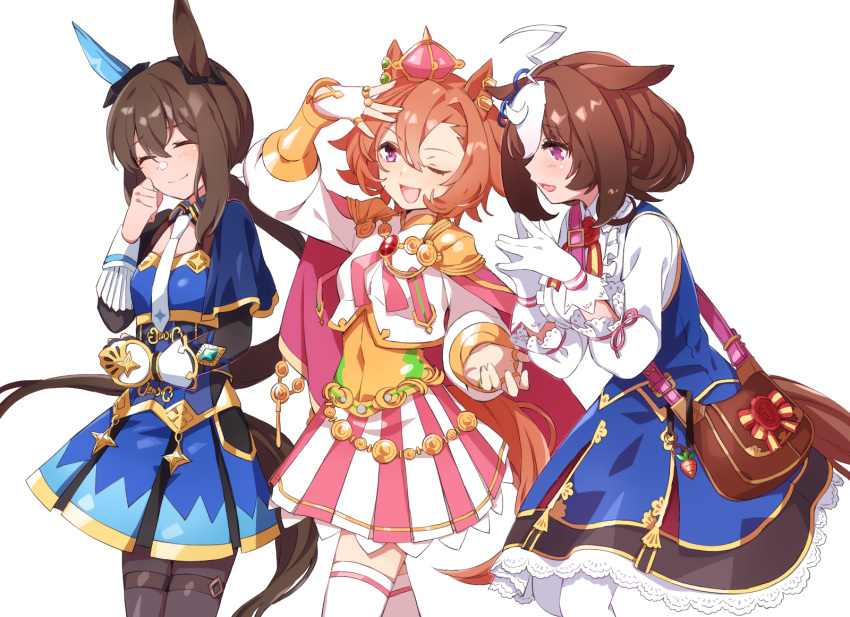 3girls admire_vega_(umamusume) ahoge animal_ears armor bag bangs blue_dress breasts brooch brown_hair cape closed_mouth corset crown dress gloves hand_on_own_head highres horse_ears horse_girl horse_tail jewelry laughing long_hair medium_breasts meisho_doto_(umamusume) mini_crown multicolored_hair multiple_girls nanaheibei_3 neckerchief necktie one_eye_closed orange_hair own_hands_together ponytail shirt short_hair shoulder_armor shoulder_bag simple_background single_glove skirt small_breasts smile steepled_fingers t.m._opera_o_(umamusume) tail thigh-highs two-tone_hair two-tone_skirt umamusume white_background white_gloves white_legwear white_neckerchief white_shirt