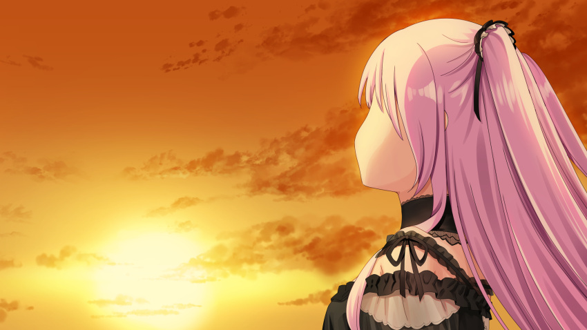 1girl bangs black_dress clouds commentary_request dress evening from_behind highres hololive long_hair pink_hair sky solo sunset two_side_up uruha_rushia virtual_youtuber yasuyuki