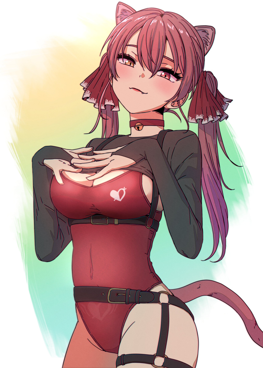 1girl absurdres animal_ears blush breasts cat_day cat_ears cat_tail closed_mouth commentary_request covered_navel drill_hair eyebrows_behind_hair fang fang_out heterochromia highres hololive houshou_marine jangmaseason large_breasts red_eyes redhead ringlets tail twin_drills twintails virtual_youtuber yellow_eyes