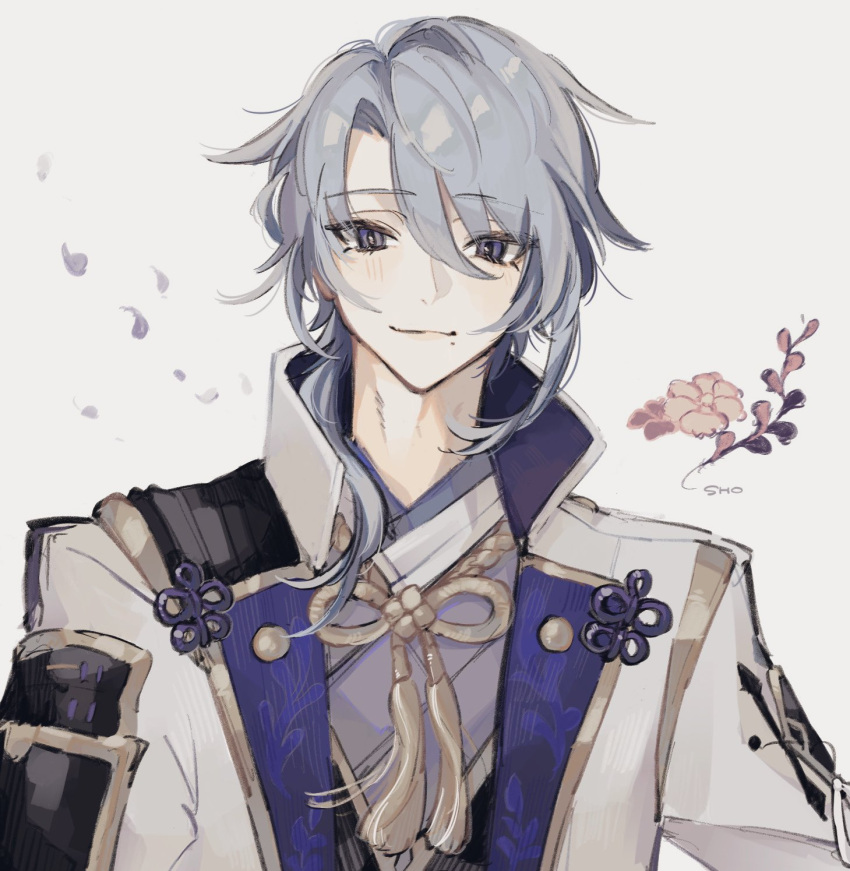 1boy armor bangs blue_hair closed_mouth commentary_request eyebrows_visible_through_hair flower genshin_impact grey_background hair_between_eyes highres japanese_armor japanese_clothes kamisato_ayato looking_at_viewer male_focus mole mole_under_mouth petals sho_yai signature simple_background solo tassel upper_body violet_eyes
