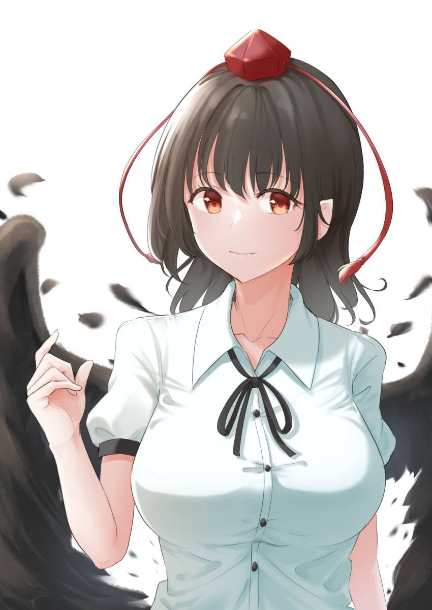 1girl bird_wings black_hair black_ribbon black_wings breasts brown_eyes collared_shirt eyebrows_visible_through_hair hat highres large_breasts looking_at_viewer neck_ribbon pointy_ears pom_pom_(clothes) red_eyes ribbon shameimaru_aya shirt simple_background solo tengu tokin_hat touhou upper_body white_background white_shirt wings yukimaru_ai