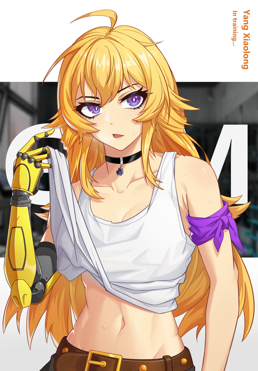 1girl absurdres ahoge belt blonde_hair breasts clothes_lift collarbone davidstok highres jewelry long_hair midriff navel necklace open_mouth prosthesis purple_armband rwby shirt shirt_lift solo sweat tank_top toned violet_eyes white_shirt yang_xiao_long