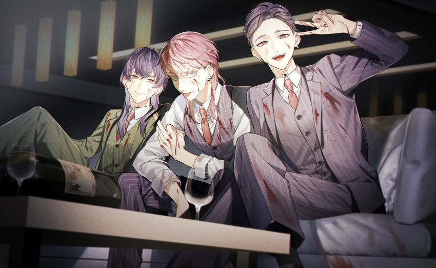 3boys bangs black_hair blood blood_on_clothes blood_on_face blue_eyes bottle closed_mouth collared_shirt couch cowboy_shot crossed_legs cup dress_shirt drinking_glass earrings formal green_jacket green_pants green_suit green_vest haitani_ran haitani_rindou hand_up highres indoors jacket jewelry long_sleeves looking_at_viewer male_focus middle_finger multicolored_hair multiple_boys neck_tattoo necktie open_mouth ori_x_000 pants pink_hair purple_hair purple_jacket purple_pants purple_suit purple_vest red_necktie sanzu_haruchiyo shirt short_hair sitting smile table tattoo tokyo_revengers tongue tongue_out two-tone_hair v vest violet_eyes white_shirt wine_glass