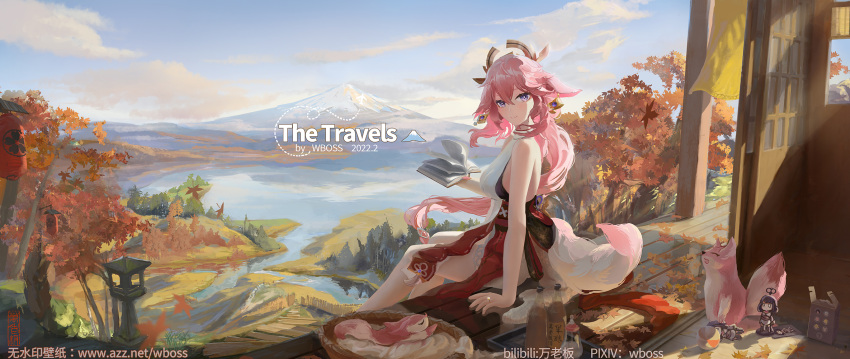 2girls animal_ears arm_support backlighting bare_shoulders basket book bottle clouds detached_sleeves figure fox fox_ears fox_tail genshin_impact highres holding holding_book japanese_clothes jewelry lake leaf looking_back miko mountain mountainous_horizon multiple_girls outdoors pink_hair priestess raiden_shogun ring scenery shouji sitting sky sliding_doors tail thighs tree violet_eyes water wboss wide_sleeves wooden_floor yae_miko