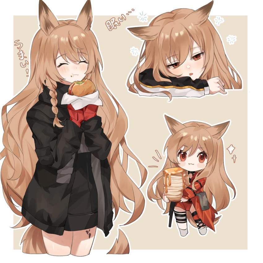 1girl :3 :t ^_^ animal_ears arknights bangs black_jacket black_skirt blush blush_stickers braid brown_eyes brown_hair burger ceobe_(arknights) ceobe_(summer_flowers)_(arknights) ceobe_(unfettered)_(arknights) chibi chinese_commentary closed_eyes commentary_request dog_ears dog_tail food gloves highres holding holding_food jacket long_hair long_sleeves miniskirt multiple_views oripathy_lesion_(arknights) outline parted_lips red_gloves red_jacket single_braid skirt sparkle standing syrup tail translation_request very_long_hair white_outline xx_(m1yee)