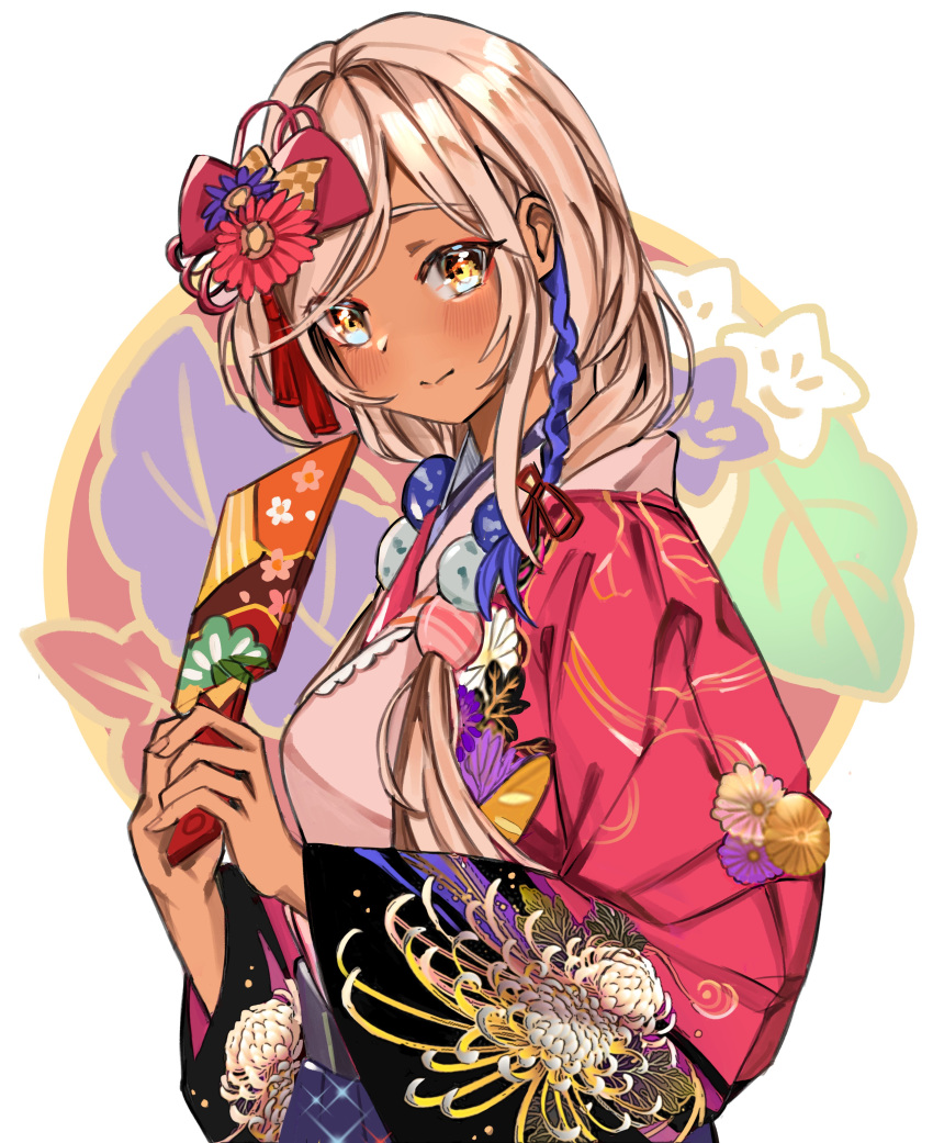 1girl absurdres bangs braid dark_skin flower hagoita hair_flower hair_ornament highres hololive hololive_english japanese_clothes kimono looking_at_viewer low_twin_braids multicolored_clothes multicolored_kimono paddle pink_kimono planet_hair_ornament print_kimono rudang tsukumo_sana twin_braids virtual_youtuber white_hair wide_sleeves yellow_eyes