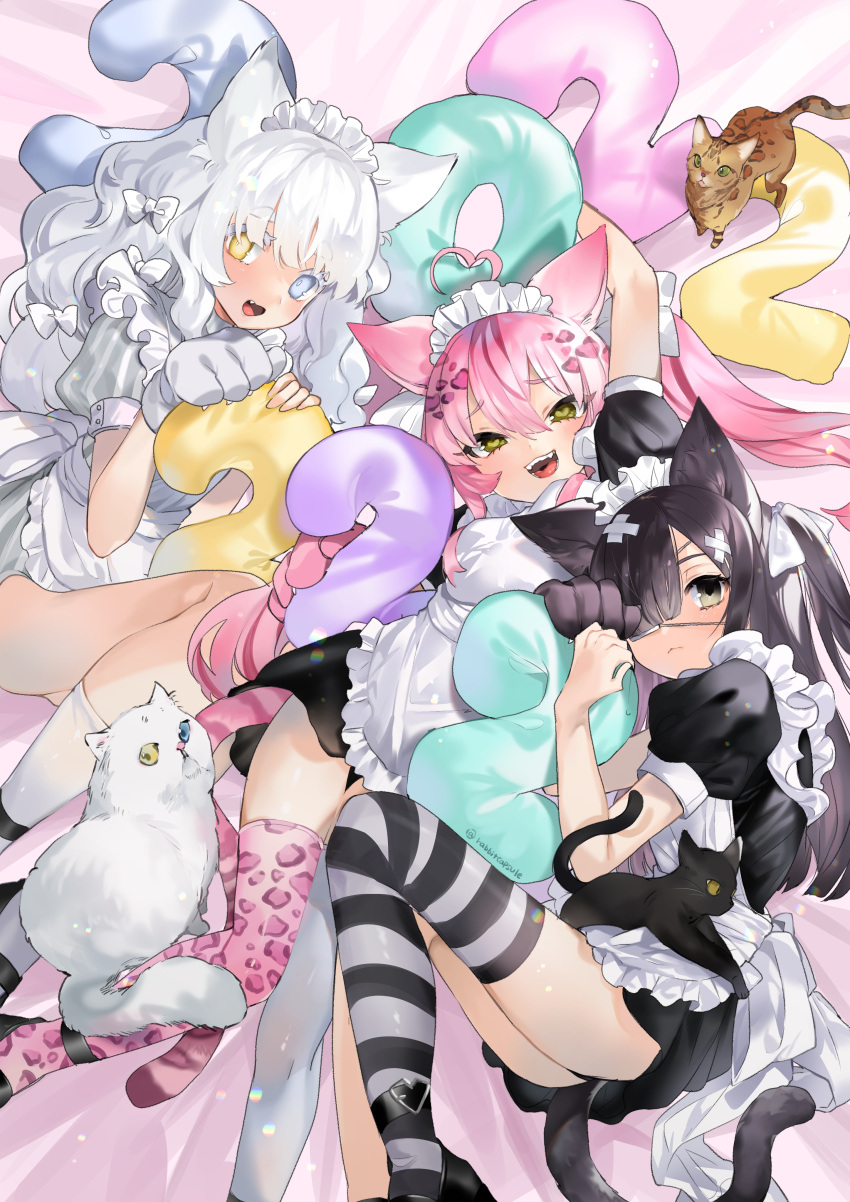 3girls :d aano_(10bit) absurdres ahoge animal animal_ear_fluff animal_ears animal_hands animal_print apron arm_up bangs bed_sheet black_cat black_dress black_gloves blue_eyes brown_eyes cat cat_ears cat_girl cat_tail dress eyebrows_visible_through_hair fang gloves grey_dress grey_gloves hair_between_eyes hair_over_one_eye heart_ahoge heterochromia highres kneehighs leopard_print lying maid maid_apron maid_headdress multiple_girls on_back on_side original paw_gloves pink_hair pink_legwear print_legwear puffy_short_sleeves puffy_sleeves short_sleeves single_kneehigh single_thighhigh smile socks striped striped_dress striped_legwear tail thick_eyebrows thigh-highs vertical-striped_dress vertical_stripes white_apron white_hair yellow_eyes