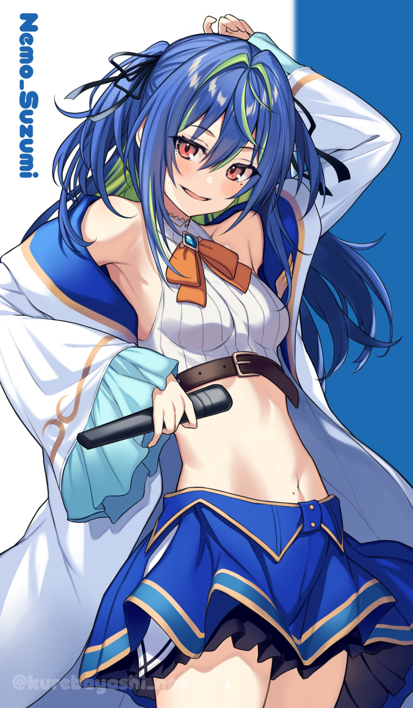 1girl 774_inc. absurdres arm_up armpit_peek armpits bare_shoulders belt blue_hair blue_skirt breasts cowboy_shot crop_top highres hiyoku_no_crosspiece holding jacket kurebayashi_noe long_hair long_sleeves looking_at_viewer midriff miniskirt mole mole_on_stomach mole_under_eye multicolored_hair navel neck_ribbon off_shoulder open_clothes open_jacket open_mouth red_eyes revealing_clothes ribbed_shirt ribbon shirt skirt sleeveless sleeveless_shirt small_breasts smile solo standing stomach streaked_hair suzumi_nemo two_side_up virtual_youtuber white_jacket white_shirt wide_sleeves