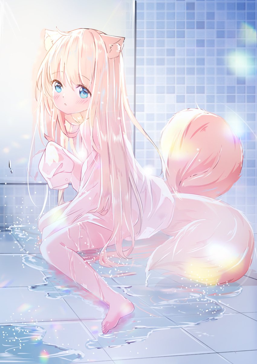 1girl :o absurdres animal_ear_fluff animal_ears bangs bare_shoulders barefoot blonde_hair blue_eyes blush commentary_request eyebrows_visible_through_hair hair_between_eyes highres long_hair long_sleeves looking_at_viewer moe2022 multiple_tails off_shoulder on_floor original parted_lips peas_(peas0125) see-through shirt sleeves_past_fingers sleeves_past_wrists solo tail tile_floor tile_wall tiles two_tails very_long_hair wet wet_clothes wet_shirt white_shirt