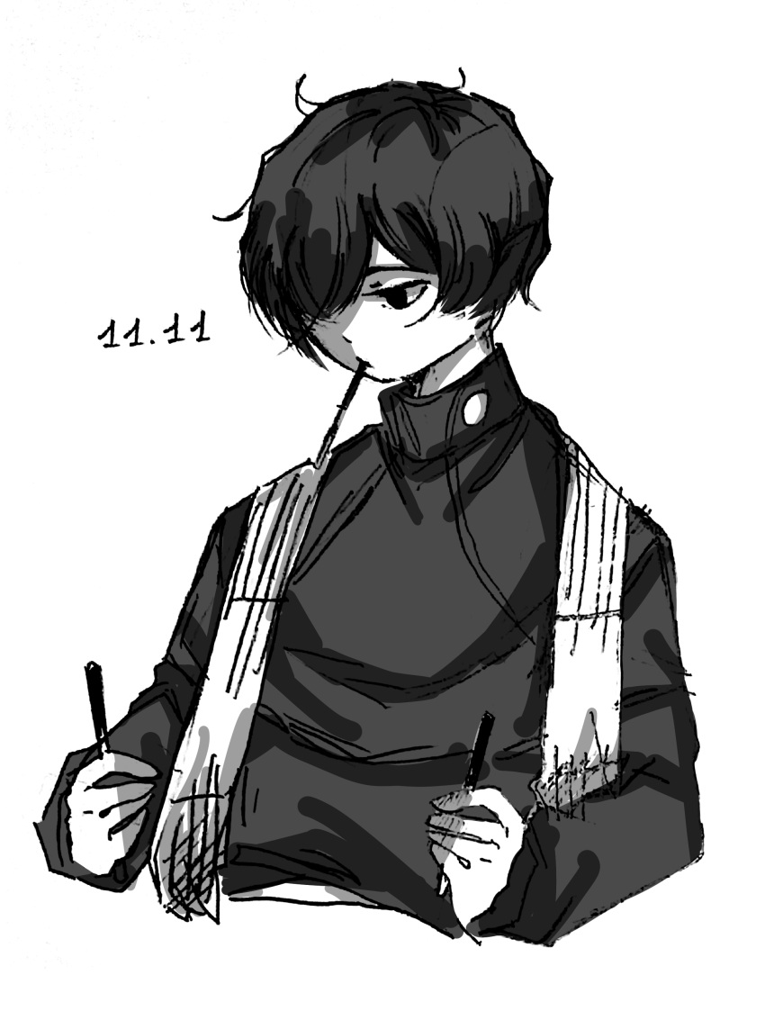 1boy absurdres black_hair character_request dated food greyscale highres male_focus monochrome one_eye_covered penguko pocky pocky_day shuumatsu_no_valkyrie simple_background solo upper_body