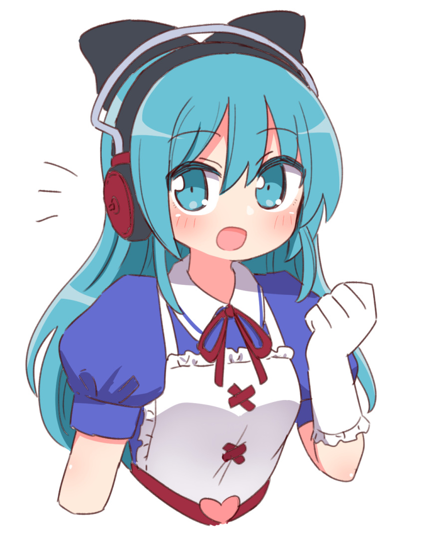 1girl aqua_eyes aqua_hair ayasaki_yuu_(band_brothers) bangs black_bow blue_eyes blue_hair blush bow bowtie clenched_hand collared_shirt cropped_arms cropped_torso daigasso!_band_brothers dress eyebrows_visible_through_hair frilled_gloves frills gloves hair_between_eyes hair_bow hair_ornament hand_up headphones heart highres long_hair looking_at_viewer naga_u open_mouth puffy_short_sleeves puffy_sleeves red_bow red_bowtie revision shirt short_sleeves sidelocks simple_background smile solo upper_body white_background white_gloves