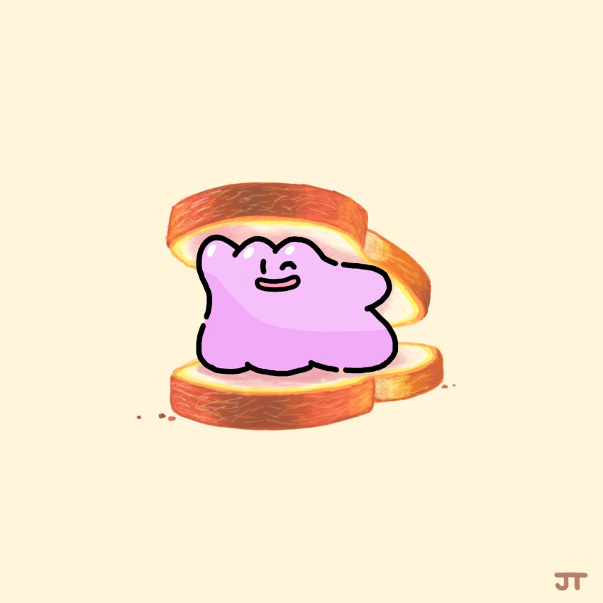 black_eyes bread commentary ditto food highres james_turner looking_at_viewer no_humans one_eye_closed open_mouth pokemon pokemon_(creature) sandwich signature smile solid_oval_eyes solo yellow_background