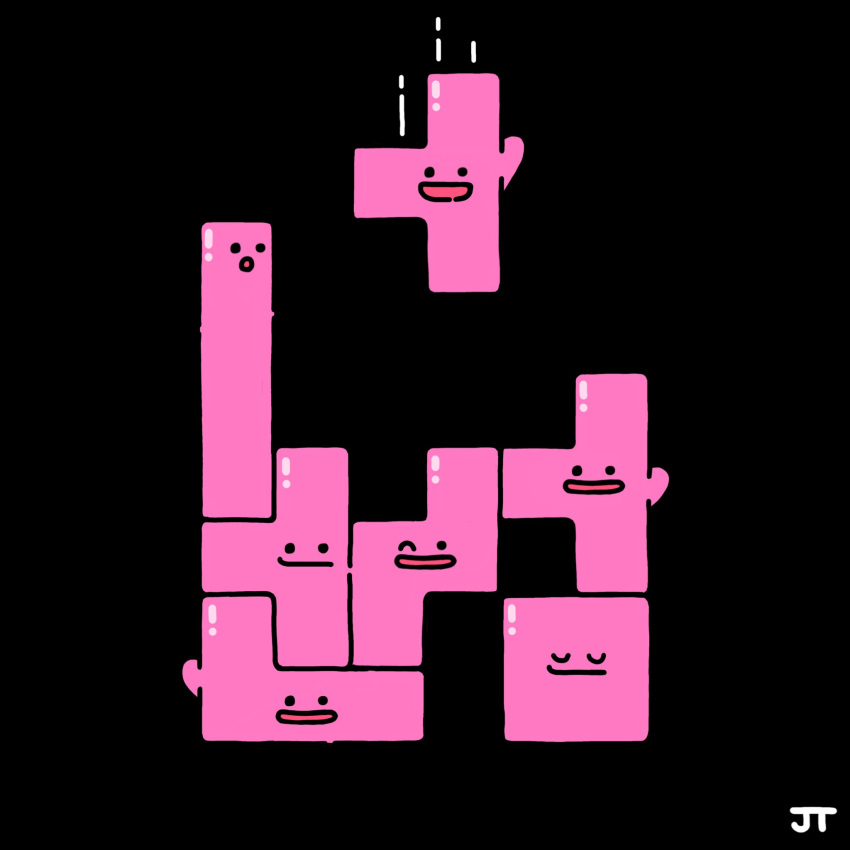 :d :o black_background black_eyes commentary crossover ditto highres james_turner no_humans open_mouth pokemon pokemon_(creature) signature smile solid_circle_eyes split_mouth tetris