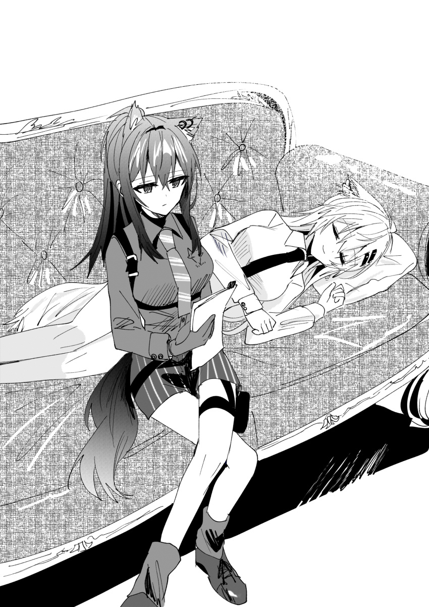 2girls absurdres animal_ear_fluff animal_ears arknights bangs chihuri closed_eyes closed_mouth collared_shirt couch crossed_legs ear_piercing eyebrows_visible_through_hair gloves greyscale hair_between_eyes hair_ornament hairclip hand_up highres holding lappland_(arknights) long_hair long_sleeves lying monochrome multiple_girls on_couch on_side piercing shirt shoes short_shorts shorts sitting smile socks striped striped_shorts tail texas_(arknights) vertical-striped_shorts vertical_stripes white_background yuri