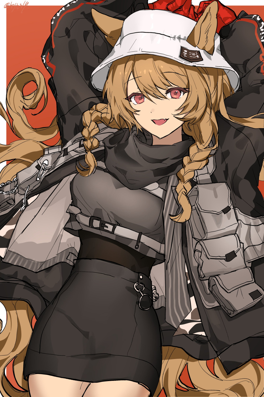 1girl absurdres animal_ears arknights arms_up bangs belt belt_buckle black_jacket black_skirt border braid breasts brown_hair buckle ceobe_(arknights) ceobe_(unfettered)_(arknights) chain commentary_request cowboy_shot dog_ears dog_girl ears_through_headwear eyebrows_visible_through_hair fang gloves hair_between_eyes highres jacket long_hair looking_at_viewer miniskirt open_mouth orange_background oversized_clothes pocket red_eyes red_gloves scarf signature simple_background skin_fang skirt smile solo twice12314 twin_braids very_long_hair white_background white_headwear
