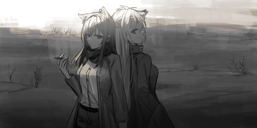 2girls absurdres animal_ear_fluff animal_ears arknights back-to-back between_fingers black_hair black_jacket black_scarf brown_eyes chihuri cigarette closed_mouth collared_shirt dress_shirt ear_piercing grey_eyes grey_hair grey_jacket grey_shorts hand_up highres holding holding_cigarette jacket lappland_(arknights) long_hair long_sleeves multiple_girls open_clothes open_jacket parted_lips piercing scarf shirt short_shorts shorts smile texas_(arknights) very_long_hair white_shirt