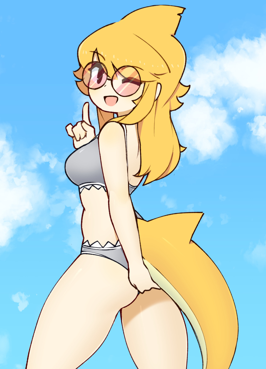 1girl bikini blonde_hair blush breasts d-floe day eyebrows_visible_through_hair fish_tail grey_bikini highres large_breasts long_hair looking_at_viewer one_eye_closed open_mouth original outdoors round_eyewear shark_girl shark_tail smile solo sunglasses swimsuit tail thick_thighs thighs
