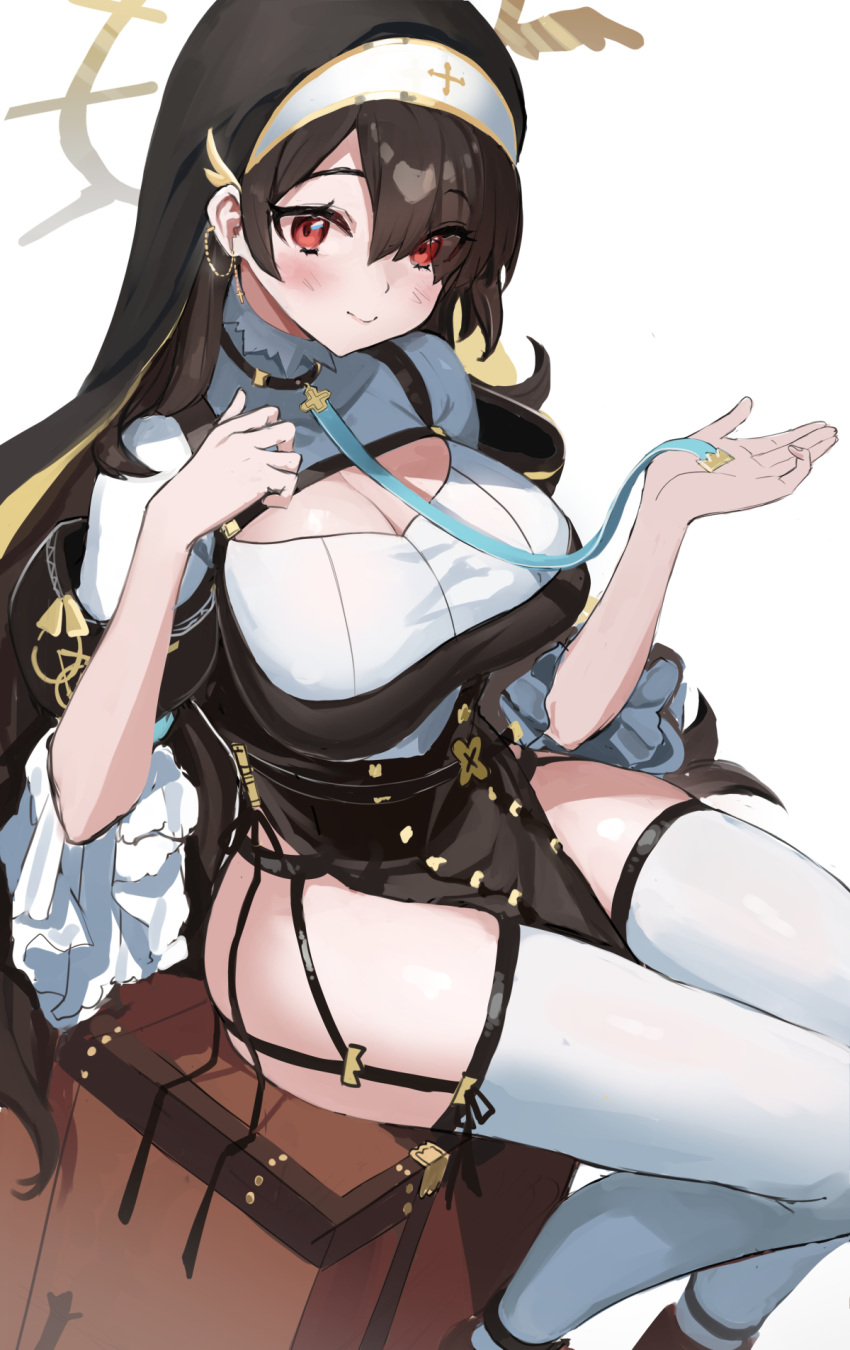 1girl asymmetrical_bangs bangs black_hair blue_archive blue_neckwear breasts brown_bag cleavage_cutout clothing_cutout cross cross_earrings earrings eyebrows_visible_through_hair eyes_visible_through_hair feet_out_of_frame frills garter_belt garter_straps habit hair_over_one_eye halo highres hinata_(blue_archive) jewelry large_breasts long_hair looking_at_viewer nun red_eyes simple_background sitting smile solo stone_(ksorede) suitcase thigh-highs white_background white_legwear