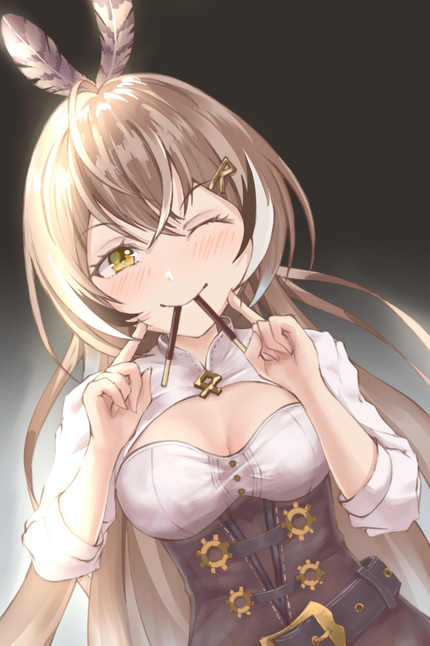 1girl belt blush brown_corset brown_eyes brown_hair cheek_poking cleavage_cutout clothing_cutout corset feather_hair_ornament feathers food food_in_mouth glowing hair_ornament highres hololive hololive_english long_hair looking_at_viewer multicolored_hair nanashi_mumei one_eye_closed pocky pocky_day poking ponytail shin5_art shirt smile solo streaked_hair virtual_youtuber white_shirt