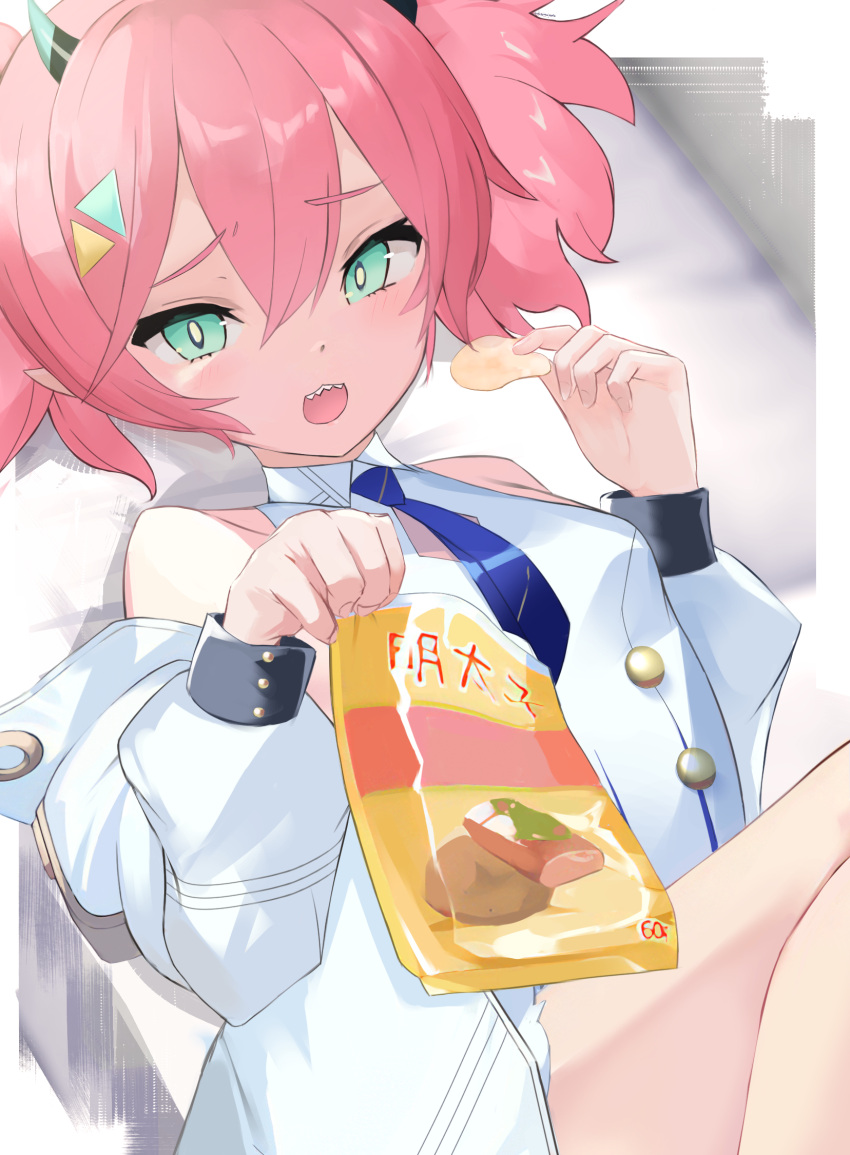 1girl bag_of_chips blue_archive blue_necktie border breasts buttons chips clothing_cutout collared_shirt darudana eyebrows_visible_through_hair food green_eyes hair_between_eyes hair_ornament highres holding holding_food horns jacket long_sleeves looking_at_viewer lying momoka_(blue_archive) necktie off_shoulder on_back open_mouth pink_hair pointy_ears potato_chips sharp_teeth shirt sleeveless small_breasts solo teeth white_jacket white_shirt
