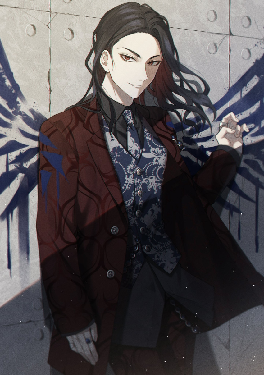 1boy baji_keisuke black_hair black_shirt blue_necktie blue_vest closed_mouth collared_shirt cowboy_shot dress_shirt fang formal hand_up highres jacket jewelry long_hair long_sleeves male_focus necktie ori_x_000 pants red_eyes red_jacket red_pants red_suit ring shirt sleeves_past_wrists smile solo standing tokyo_revengers tsurime vest