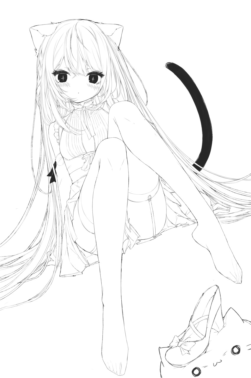 1girl absurdres animal animal_ears bangs bare_shoulders blush bow cat cat_ears cat_girl cat_tail closed_mouth commentary_request dutch_angle eyebrows_visible_through_hair garter_straps greyscale hair_between_eyes head_tilt high_heels highres jacket knees_up long_sleeves looking_at_viewer monochrome no_shoes open_clothes open_jacket original pleated_skirt shirt shoe_removed simple_background sitting skirt sleeveless sleeveless_shirt solo tail thigh-highs white_background yuui_hutabakirage