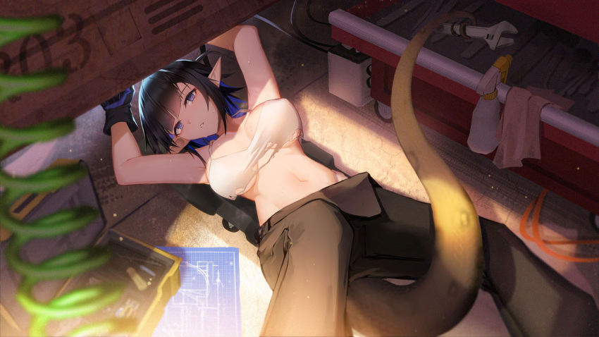 1girl arknights arms_up bare_arms black_gloves blueprint breasts camisole commentary_request eunectes_(arknights) eunectes_(forgemaster)_(arknights) gloves grey_pants highres large_breasts lodbyy lying midriff navel on_back pants prehensile_tail snake_tail solo spaghetti_strap stomach tail wrench