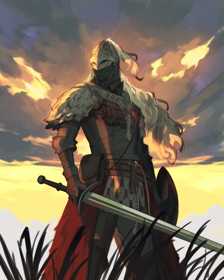 1other ambiguous_gender armor belt breastplate brown_belt day elden_ring gauntlets grass grey_hair helm helmet highres holding holding_shield holding_sword holding_weapon jiro_(ninetysix) long_hair outdoors pants pouch shield sword weapon