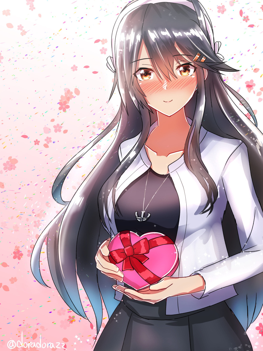 1girl absurdres anchor_necklace black_hair black_shirt blush box breasts brown_eyes doradorazz gift gift_box hair_ornament hairclip haruna_(kancolle) heart-shaped_box highres holding holding_box holding_gift jacket kantai_collection large_breasts long_hair long_skirt looking_at_viewer shirt skirt smile solo twitter_username valentine white_jacket