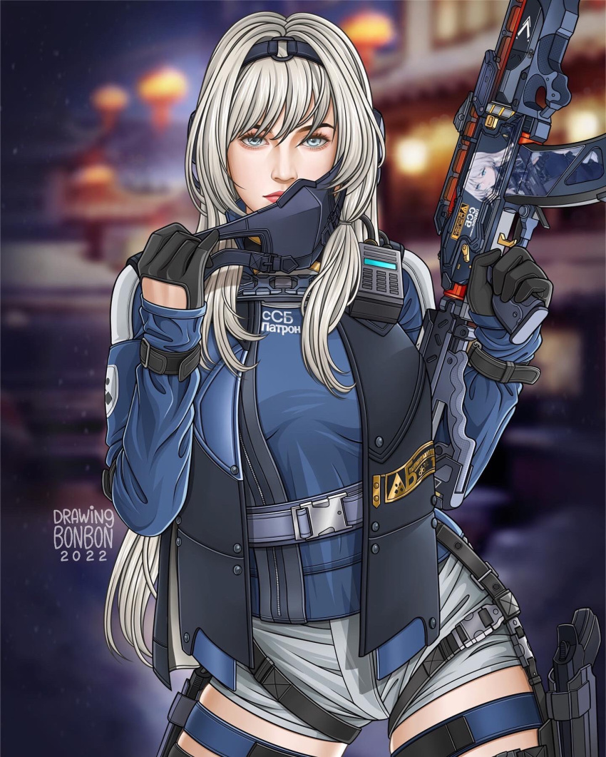 1girl an-94 an-94_(girls'_frontline) an-94_(girls'_frontline)_(cosplay) aqua_eyes assault_rifle bangs blue_eyes call_of_duty:_mobile closed_mouth cosplay drawingbonbon girls_frontline gloves gun hairband highres jacket long_hair long_sleeves looking_at_viewer mask platinum_blonde_hair rifle scylla_(call_of_duty:_mobile) silver_hair solo tagme weapon