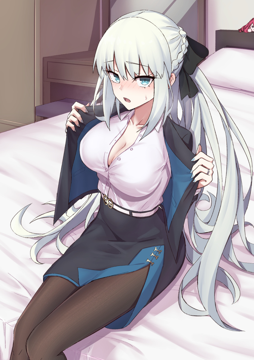 1girl bangs black_bow blue_eyes bow braid breasts cleavage elfenlied22 eyebrows eyebrows_visible_through_hair fate/grand_order fate_(series) french_braid grey_hair hair_bow highres large_breasts long_hair looking_at_viewer morgan_le_fay_(fate) ponytail side_slit sidelocks thighs very_long_hair