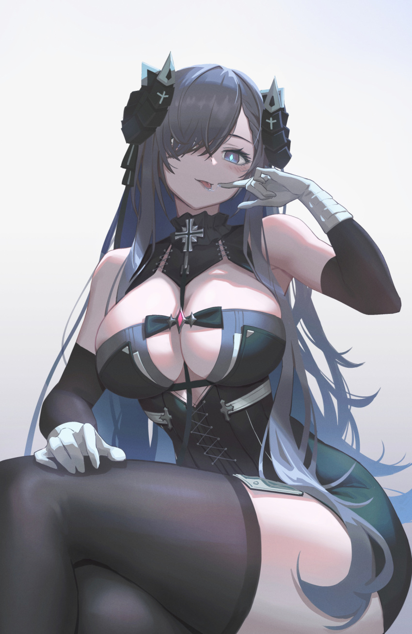 1girl :p arm_warmers august_von_parseval_(azur_lane) azur_lane between_breasts black_legwear blue_eyes blue_hair breasts clothing_cutout cross cross-laced_dress curled_horns drooling gloves gradient gradient_background guihuo_inferno hair_over_one_eye highres horns iron_blood_(emblem) iron_cross large_breasts looking_at_viewer mechanical_horns one_eye_covered shirt sitting solo strap_between_breasts thigh-highs thighs tongue tongue_out two-tone_dress underboob_cutout white_garter_straps white_gloves white_shirt