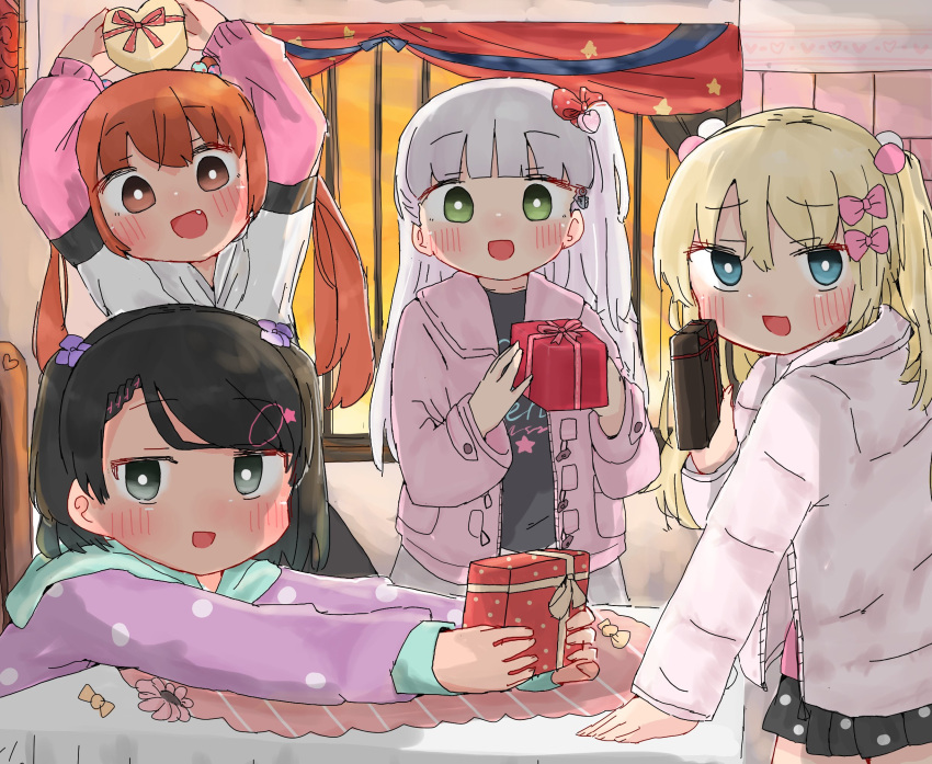 4girls :d alternate_costume bangs black_eyes black_hair black_shirt black_skirt blonde_hair blunt_bangs blush bow box brown_eyes brown_hair casual coat down_jacket duffel_coat eyebrows_visible_through_hair fang gift gift_box grecale_(kancolle) green_eyes hair_bow hair_ribbon heart-shaped_box highres holding holding_gift jacket kantai_collection libeccio_(kancolle) long_hair looking_at_viewer maestrale_(kancolle) miniskirt multiple_girls official_alternate_costume one_side_up pink_coat pleated_skirt ribbon scirocco_(kancolle) shirt short_hair silver_hair skirt smile twintails two_side_up valentine wateru wavy_hair white_jacket