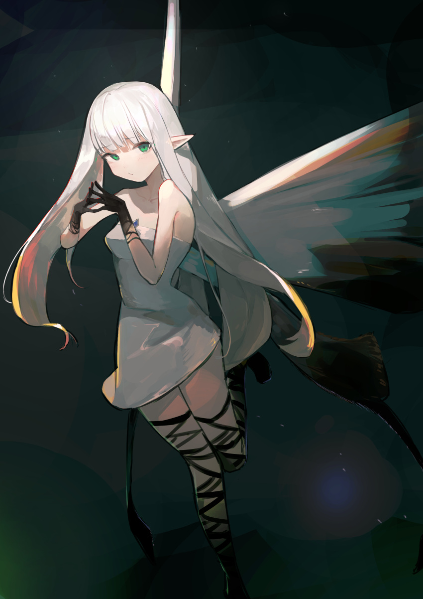 1girl absurdres airy_(bravely_default) bare_shoulders black_background black_gloves black_legwear bravely_default:_flying_fairy bravely_default_(series) butterfly_wings dress fairy fingers_together gloves green_eyes highres leg_up long_hair looking_at_viewer pointy_ears short_dress simple_background solo standing standing_on_one_leg strapless strapless_dress thigh-highs thighs tsunodriller white_dress white_hair wings