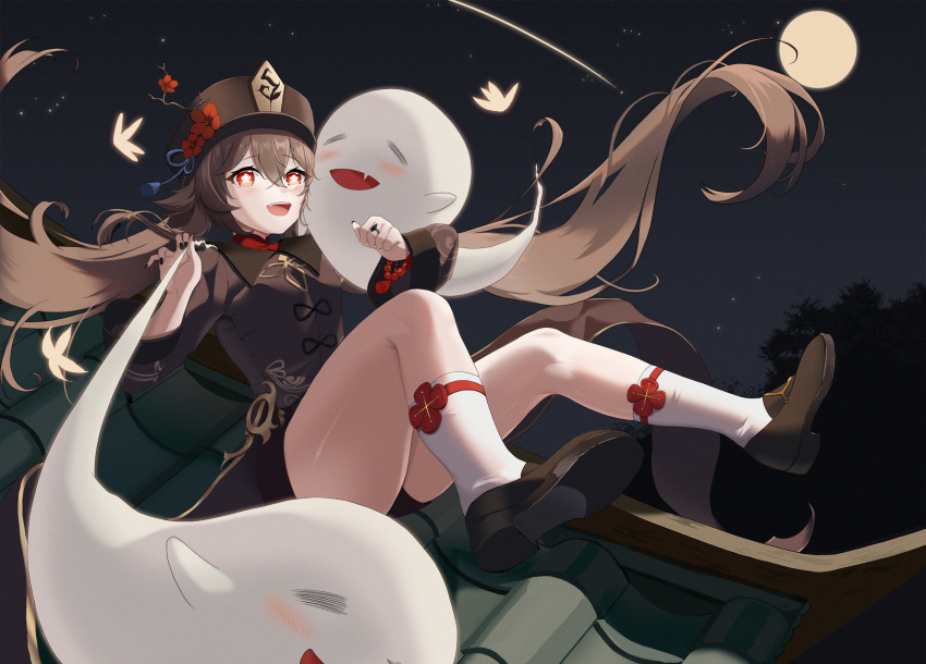 1girl :d atom_mtoa bead_bracelet beads black_nails black_shirt black_shorts bracelet brown_hair bug butterfly fang floating_hair flower flower-shaped_pupils full_body full_moon genshin_impact ghost hat hat_flower highres hu_tao_(genshin_impact) jewelry legs long_hair looking_at_viewer moon night night_sky open_mouth plum_blossoms porkpie_hat red_eyes ring shirt shoes shorts sky smile socks solo symbol-shaped_pupils tassel thighs very_long_hair