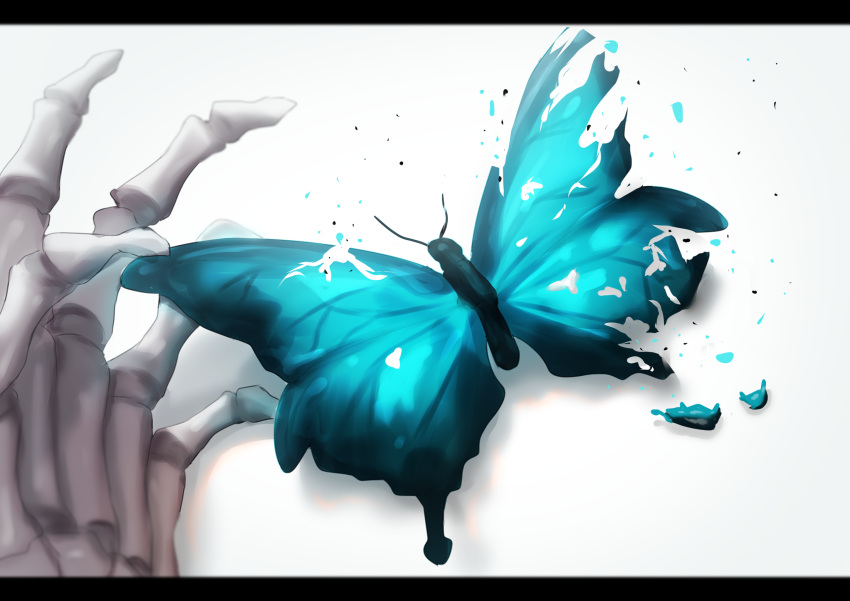 blurry bug butterfly commentary death depth_of_field dying hh_(hehexd06161704) highres hololive letterboxed pov skeletal_hand sketch symbolism torn_wings uruha_rushia virtual_youtuber white_background wings
