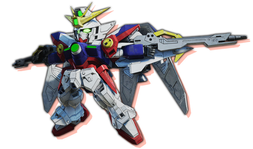 bandai_namco_entertainment beam_rifle buster_rifle character_name chibi commentary energy_gun english_text firing glowing glowing_eyes green_eyes gun gundam gundam_wing holding holding_gun holding_shield holding_weapon mecha mobile_suit no_humans official_art pointing_weapon sd_gundam_battle_alliance shield solo v-fin weapon white_background wing_gundam_zero wings