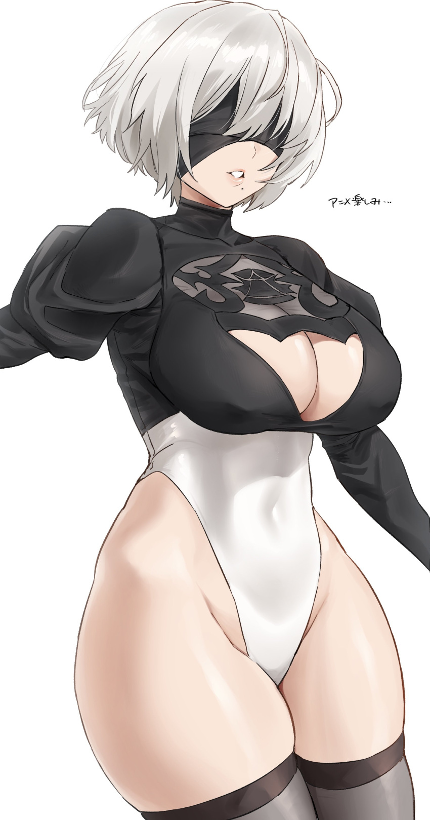 1girl absurdres bangs blindfold blush breasts cleavage_cutout clothing_cutout covered_navel feather-trimmed_sleeves highleg highleg_leotard highres hotate-chan juliet_sleeves large_breasts leotard long_sleeves mole mole_under_mouth nier_(series) nier_automata parted_lips puffy_sleeves short_hair silver_hair solo white_leotard yorha_no._2_type_b