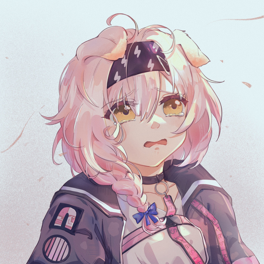 1girl animal_ears arknights bangs black_choker black_hairband blue_bow bow braid cat_ears choker commentary_request crying eyebrows_visible_through_hair goldenglow_(arknights) hair_between_eyes hair_bow hairband highres jacket lightning_bolt_print open_clothes open_jacket open_mouth pink_hair rcc shirt short_hair single_braid solo tears upper_body white_shirt yellow_eyes