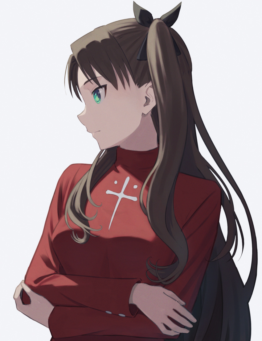 1girl breasts brown_hair closed_mouth cross crossed_arms expressionless fate_(series) green_eyes highres latin_cross long_hair long_sleeves looking_to_the_side medium_breasts print_sweater profile red_sweater shimizu_tomoki simple_background solo sweater tohsaka_rin two_side_up upper_body very_long_hair white_background