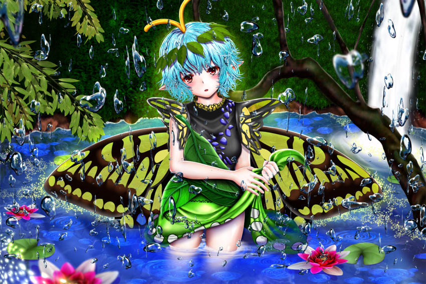 1girl antennae aqua_hair blush butterfly_wings dress elcid_company eternity_larva fairy flower green_dress leaf leaf_on_head lily_pad looking_at_viewer multicolored_clothes multicolored_dress open_mouth orange_eyes partially_submerged pink_flower pointy_ears short_hair short_sleeves solo touhou water waterfall wings