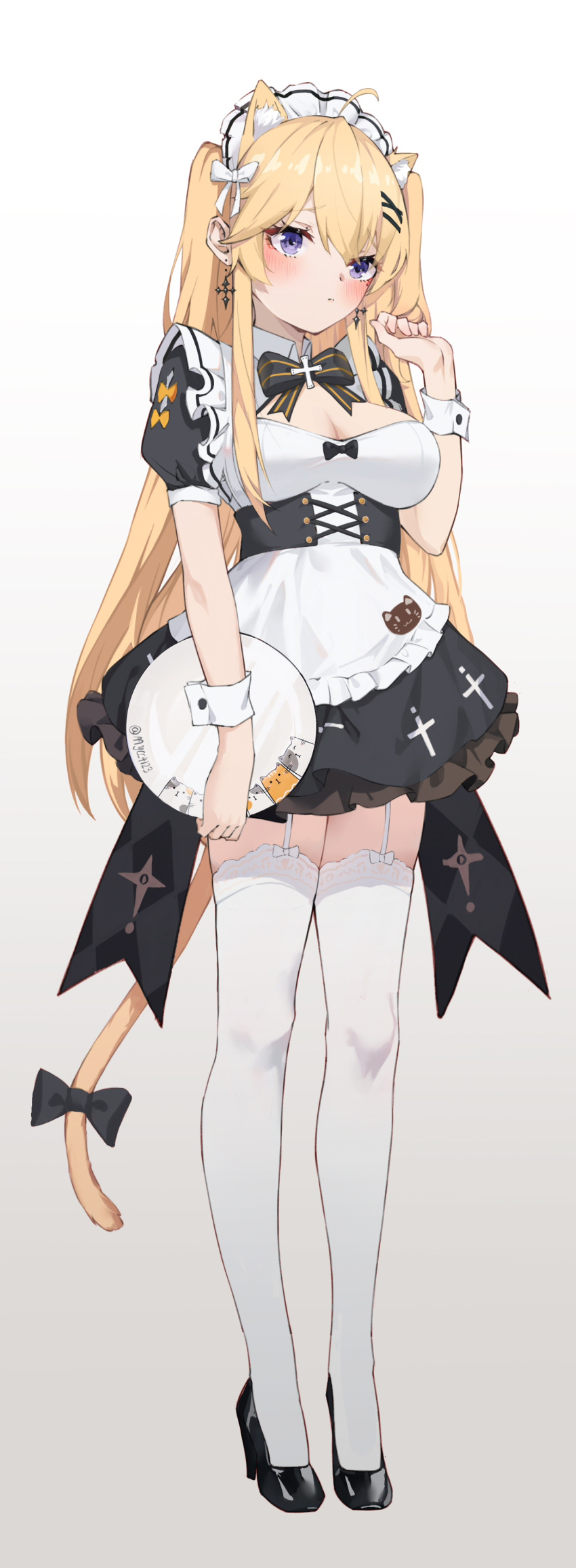 1girl absurdres ahoge animal_ear_fluff animal_ears animal_print apron black_bow black_bowtie black_footwear blush bodice bow bowtie bsmycc cat_day cat_ears cat_print cat_tail character_request copyright_request cross cross_earrings cross_print dress earrings extra_ears full_body garter_straps hair_bow hair_ornament hairclip hand_up head_tilt high_heels highres holding holding_tray jewelry looking_afar looking_away maid_apron maid_headdress puffy_short_sleeves puffy_sleeves short_dress short_sleeves solo standing stiletto_heels tail tail_bow tail_ornament thigh-highs tray two_side_up violet_eyes virtual_youtuber waitress white_apron white_background white_bow white_legwear wrist_cuffs zettai_ryouiki